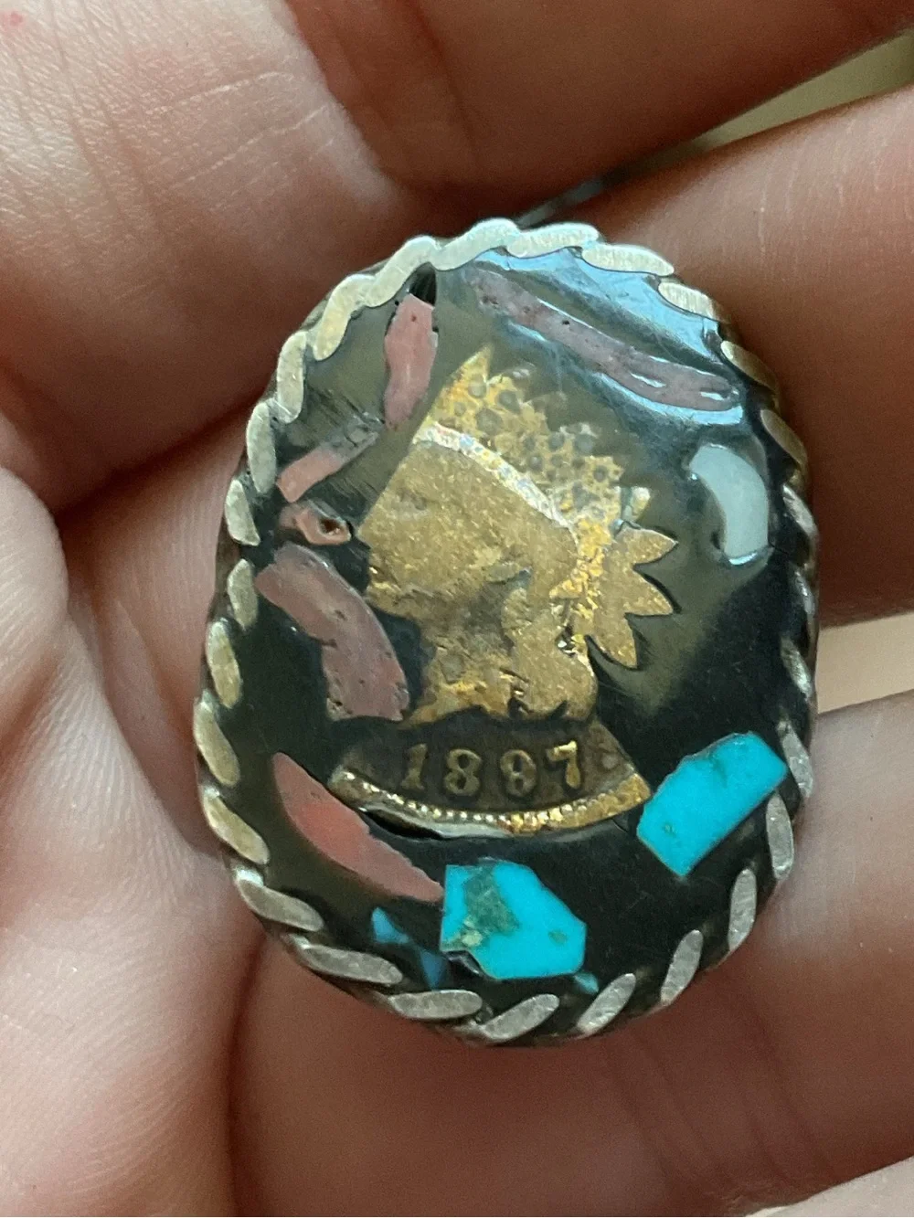 Vintage Sterling Native American Coin Gemstone Mosaic Inlay Ring Size 5.25